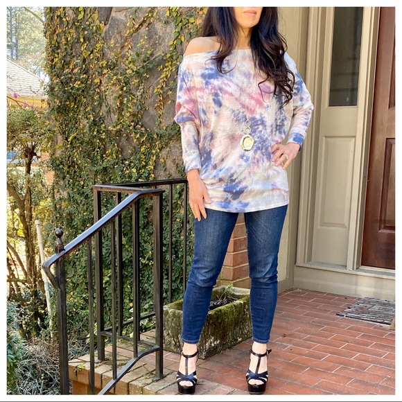 Tie dye slouchy off the shoulder dolman top - Picture 3 of 8